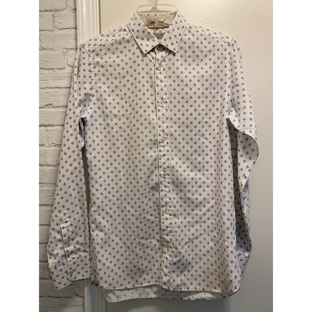 Ted Baker London Men's Size 1 White geometric pattern Button Up Sleeve Shirt
